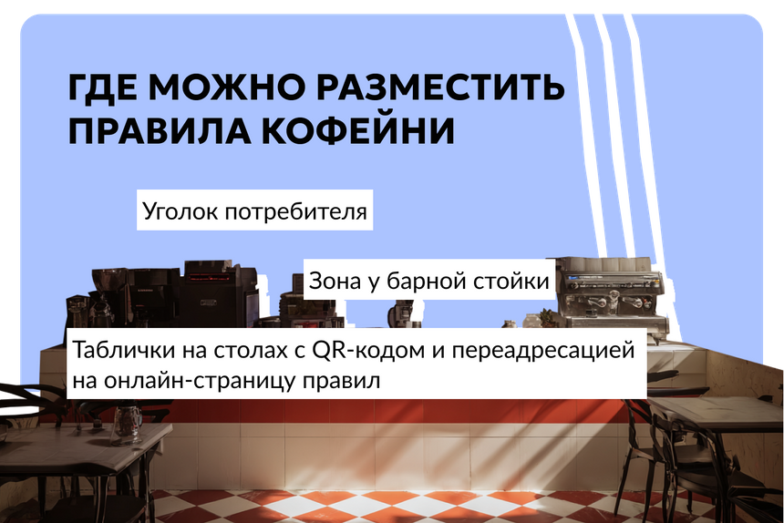 Где можно разместить правила кофейни
        	Уголок потребителя
        	Зона у барной стойки
        	Таблички на столах с QR-кодом и переадресацией на онлайн-страницу правил